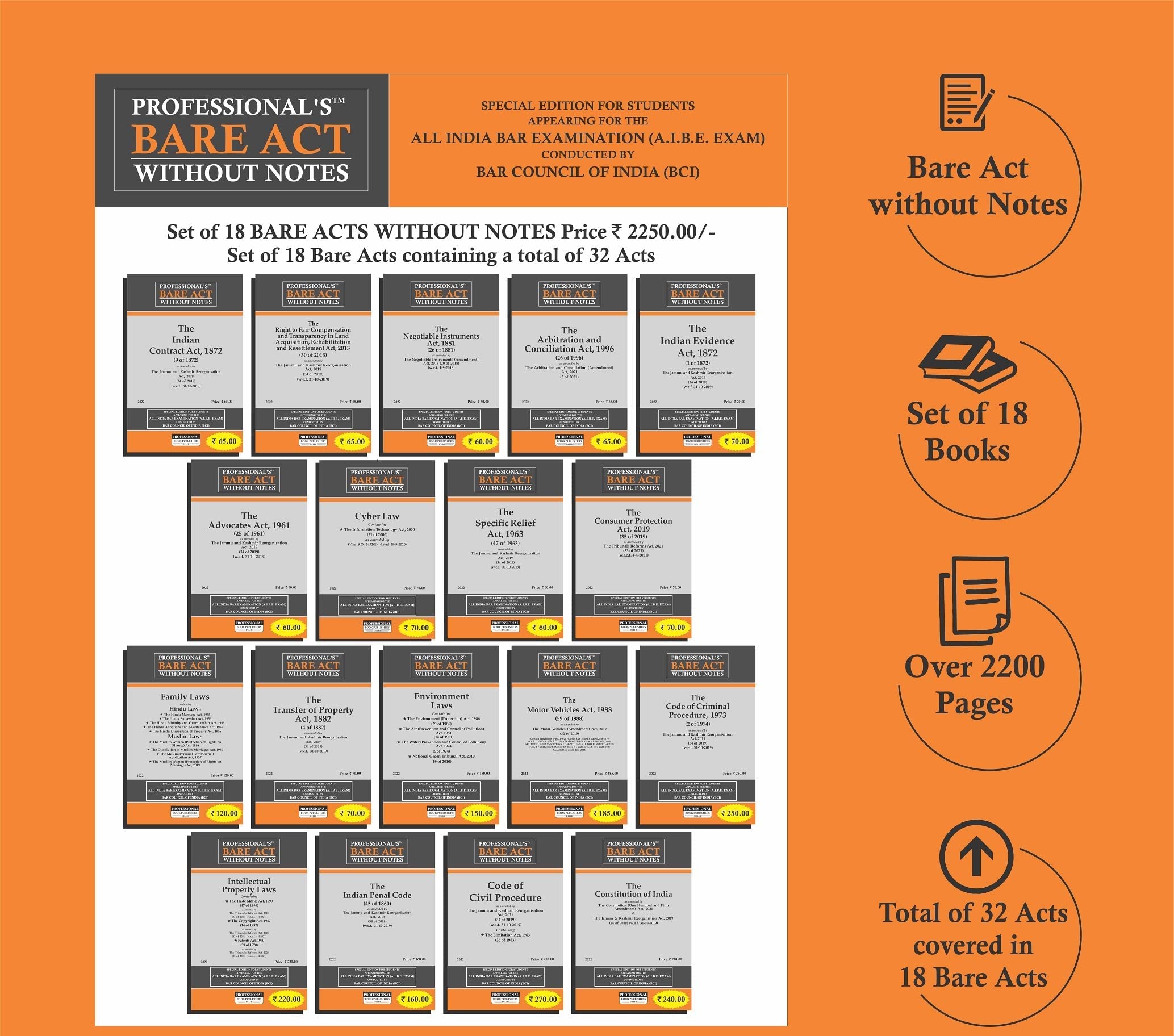 ALL INDIA BAR EXAMINATION AIBE BARE ACTS WITHOUT COMMENTS SET OF 20 BARE ACTS A.I.B.E